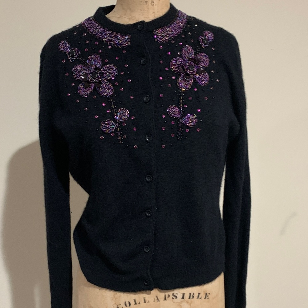 Vintage Whistles Beaded Sequin  Black Sweater with Purple Accents